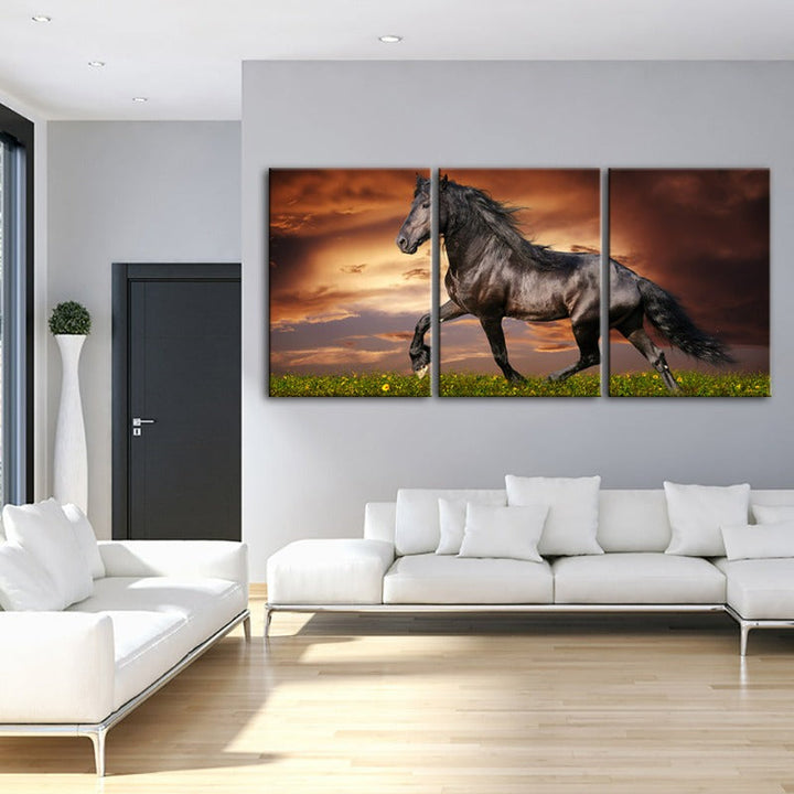 Running Black Horse-Canvas Wall Art Painting 3 Pieces | Bowlift