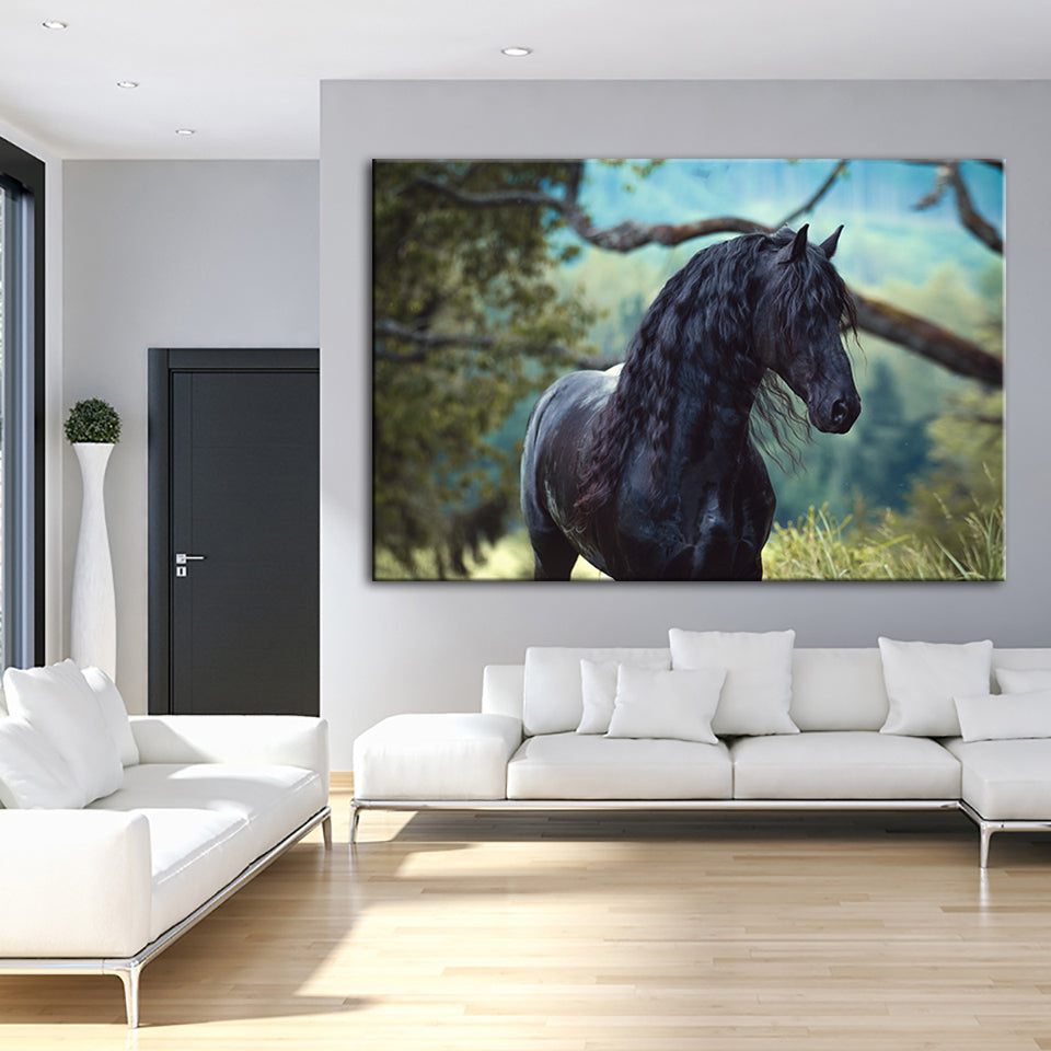 Black Horse In Forest - Canvas Wall Art Painting | Bowlift