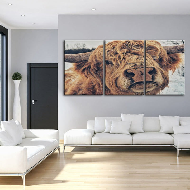 Close Up Brown Cow-Canvas Wall Art Painting 3 Pieces | Bowlift