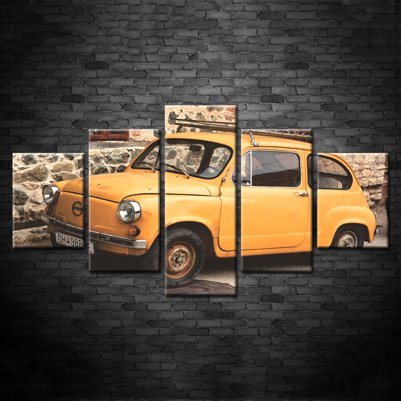 5 Piece Yellow Classic Vintage Car - Canvas Wall Art Painting | Bowlift