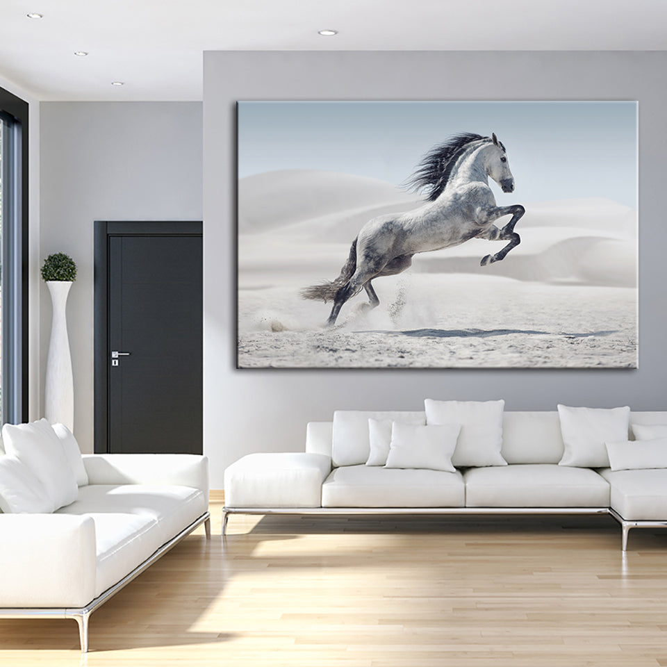Jumping White Horse - Canvas Wall Art Painting | Bowlift