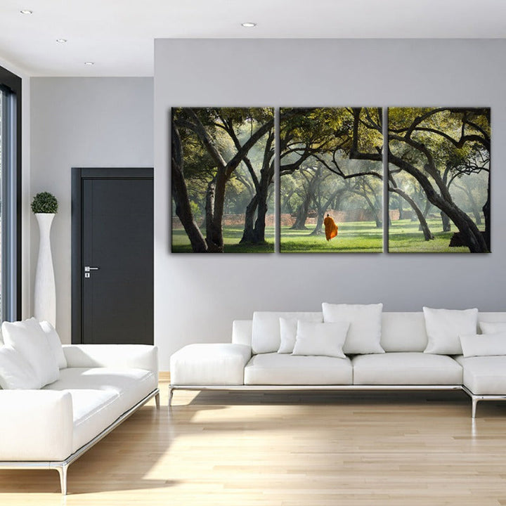 Peaceful Monk Walking-Canvas Wall Art Painting 3 Pieces | Bowlift