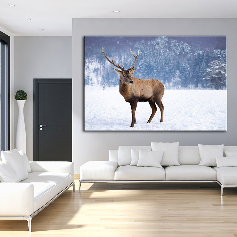 Snowy Landscape Deer - Canvas Wall Art Painting | Bowlift