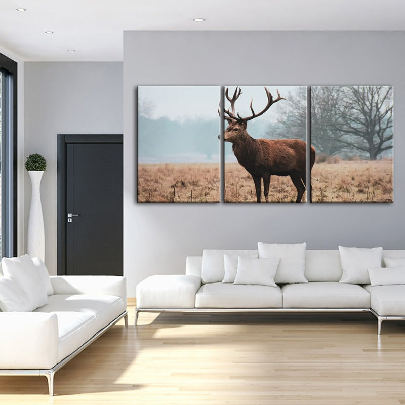 Regal Deer In The Plains-Canvas Wall Art Painting 3 Pieces | Bowlift
