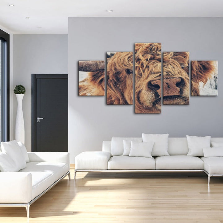 5 Piece Close Up Brown Cow - Canvas Wall Art Painting | Bowlift