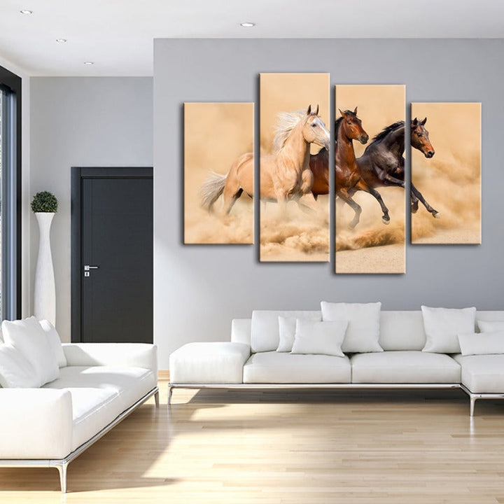 4 Piece Three Running Horses in Desert - Canvas Wall Art Painting | Bowlift