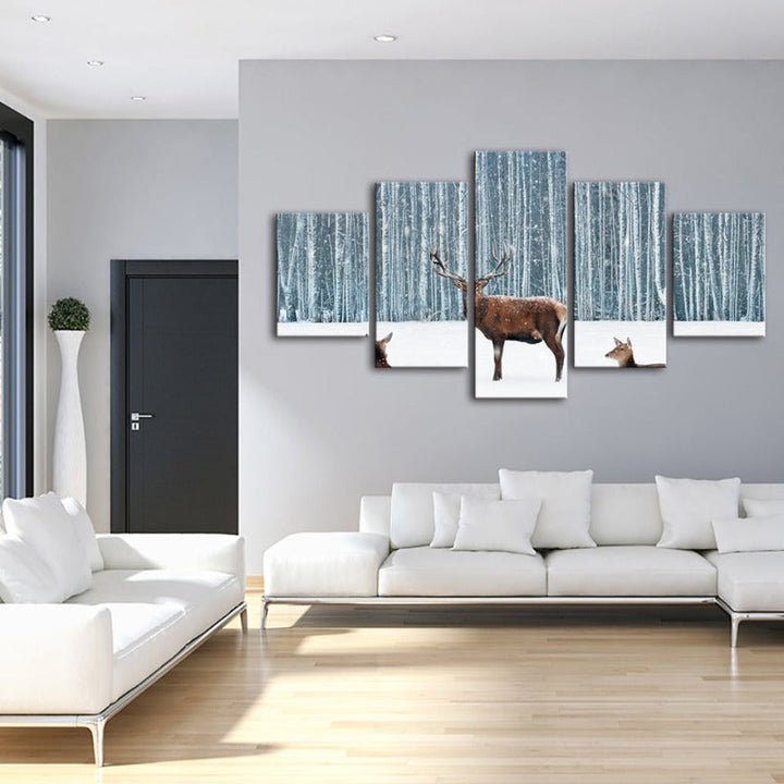 5 Piece Two Does and a Deer in Winter - Canvas Wall Art Painting | Bowlift
