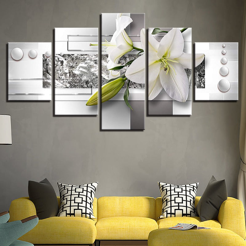 5 Piece White Tulip Flower - Canvas Wall Art Painting | Bowlift