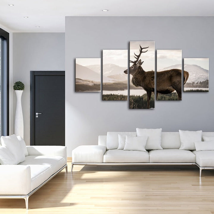 5 Piece Somber Winter Deer - Canvas Wall Art Painting | Bowlift