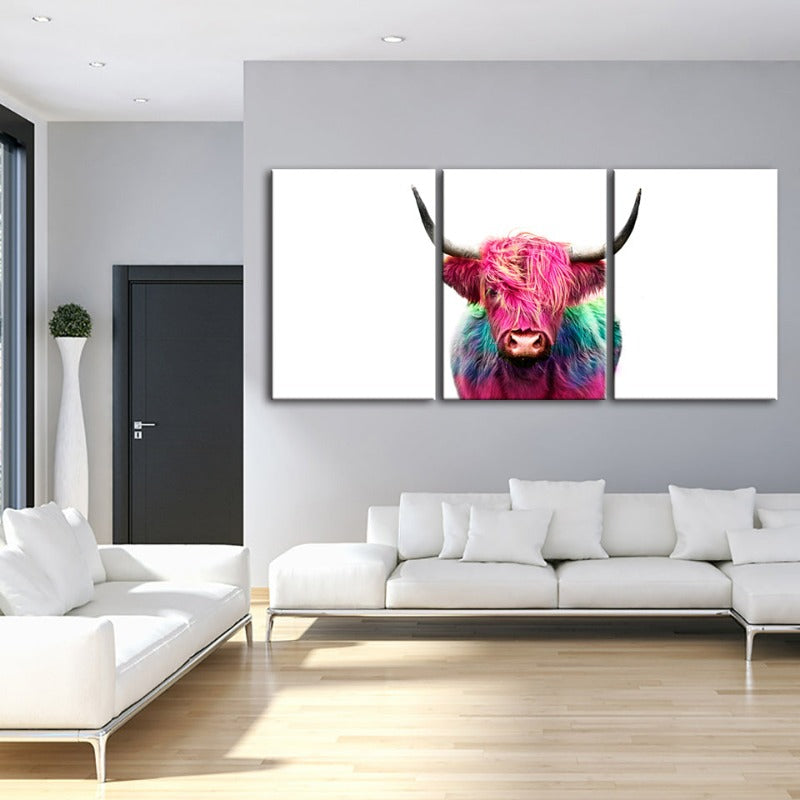 Colorful Pink Cow-Canvas Wall Art Painting 3 Pieces | Bowlift