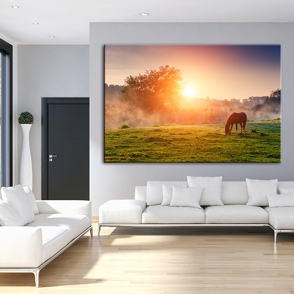 Sunrise Grazing Horse - Canvas Wall Art Painting | Bowlift
