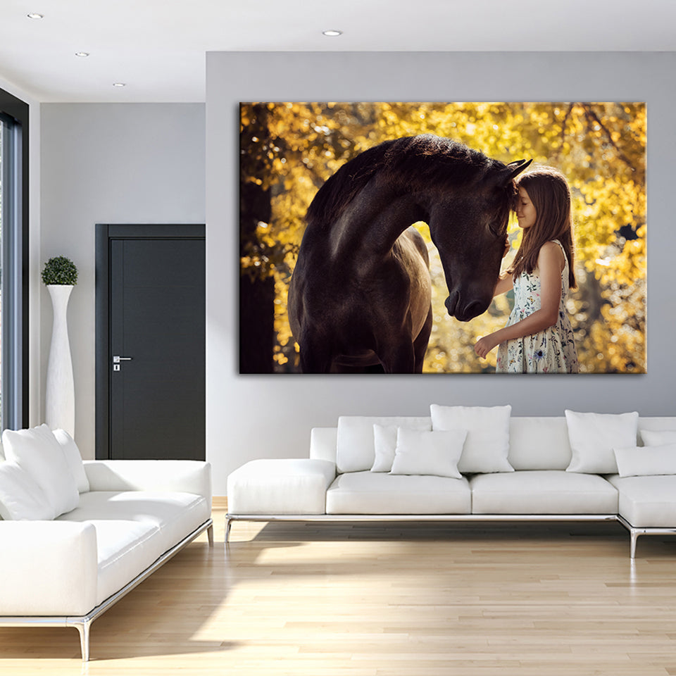 Friendship Between a Girl and Horse - Canvas Wall Art Painting | Bowlift
