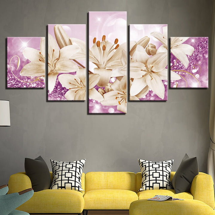 5 Piece Purple Background Rustic Flower - Canvas Wall Art Painting | Bowlift
