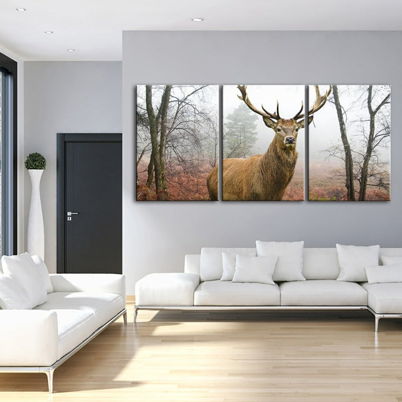 Misty Fall Deer-Canvas Wall Art Painting 3 Pieces | Bowlift