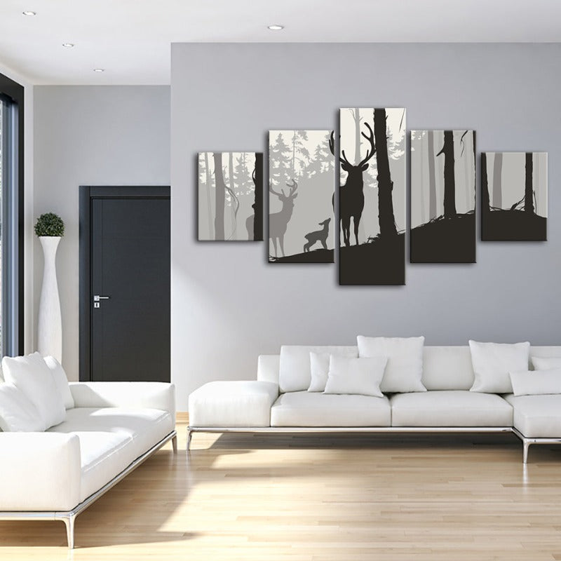 5 Piece Silhouette Deer Family - Canvas Wall Art Painting | Bowlift