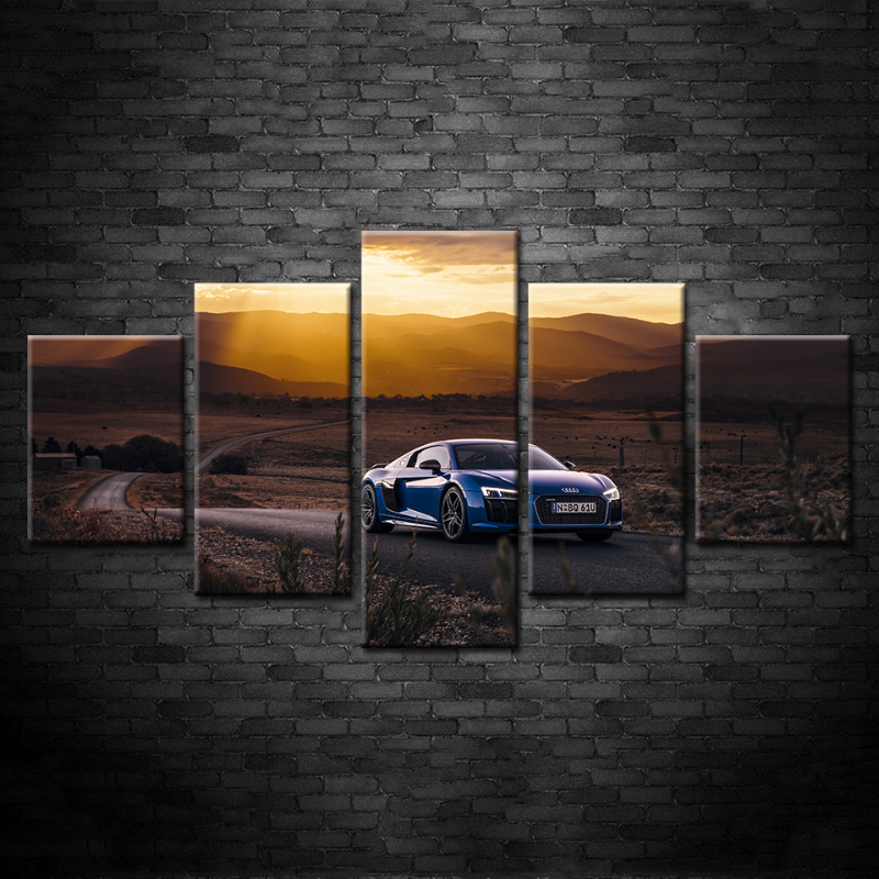 5 Pieces Sunrise - Classic Blue Metallic Car - Canvas Wall Art Painting | Bowlift