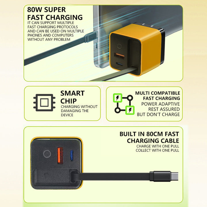 BowLift | 3 in 1 GaN Charger, Scalable 80W MAX fast charger module with Type-C cable and 2 USB ports