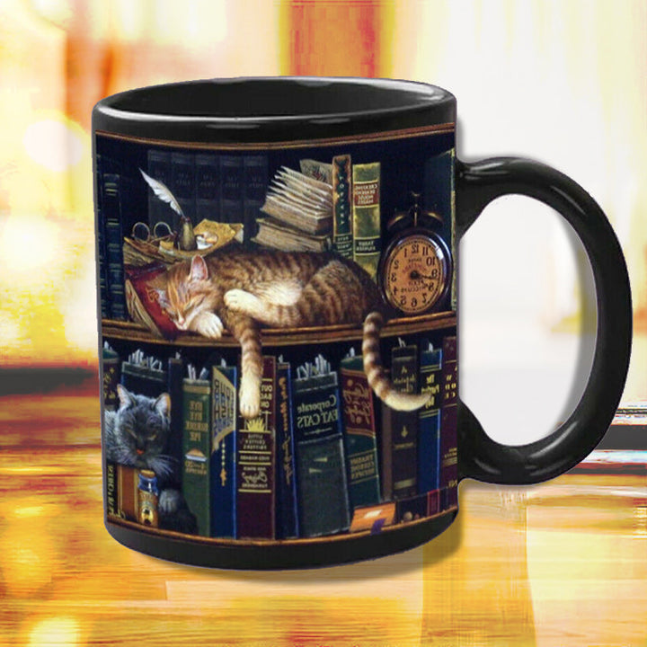 BowLift | Bookshelf Ceramic Coffee Mug - Gift for Cat Book Lovers