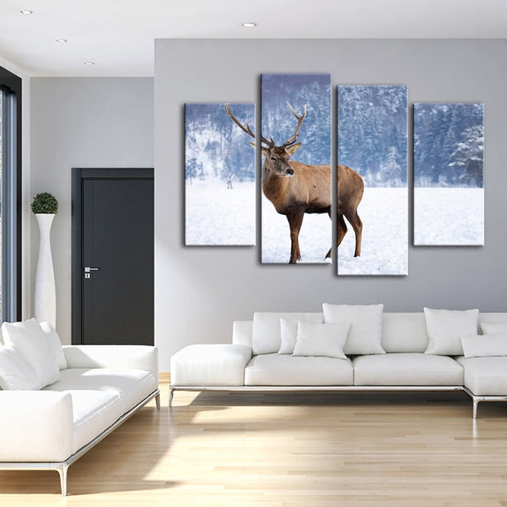 4 Piece Snowy Landscape Deer - Canvas Wall Art Painting | Bowlift