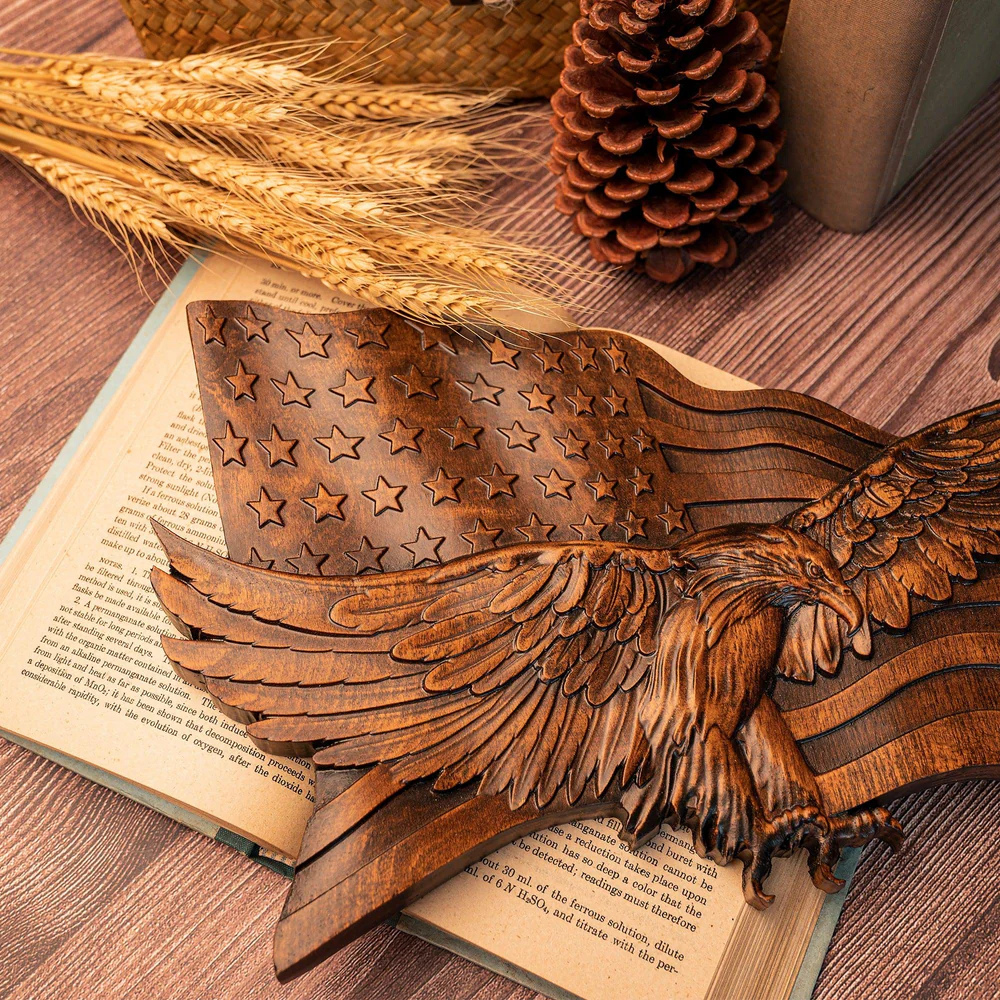 BowLift | American Flag Wood Wall Art Hand Carved Eagle Patriotic Decoration