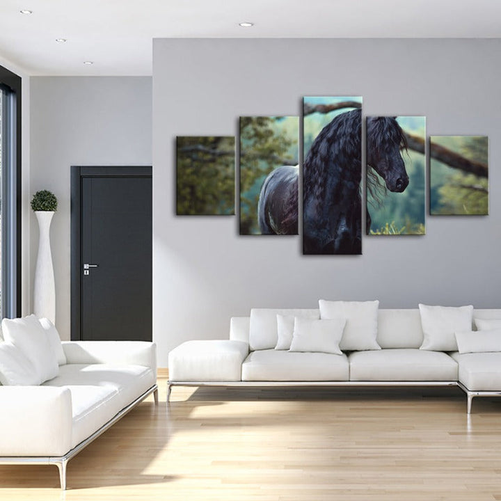 5 Piece Black Horse in Forest - Canvas Wall Art Painting | Bowlift