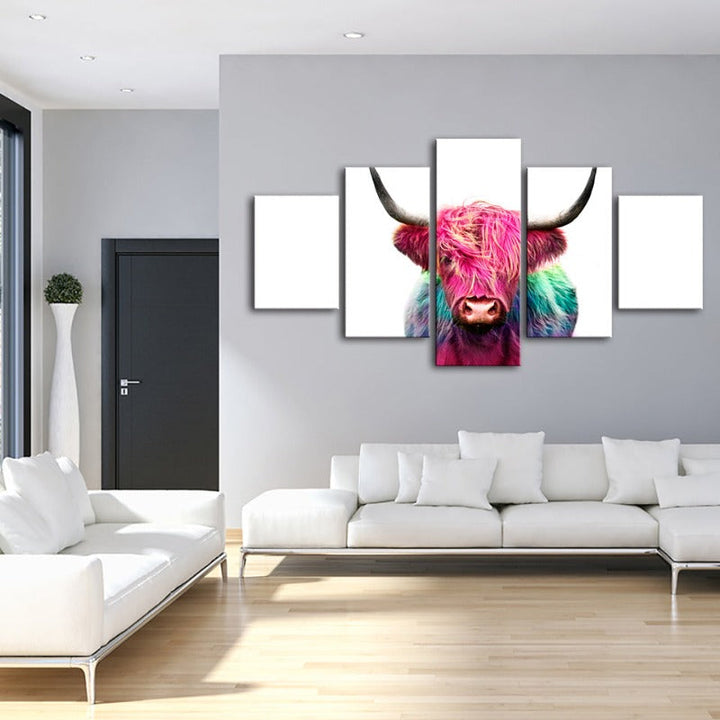 5 Piece Colorful Pink Cow - Canvas Wall Art Painting | Bowlift