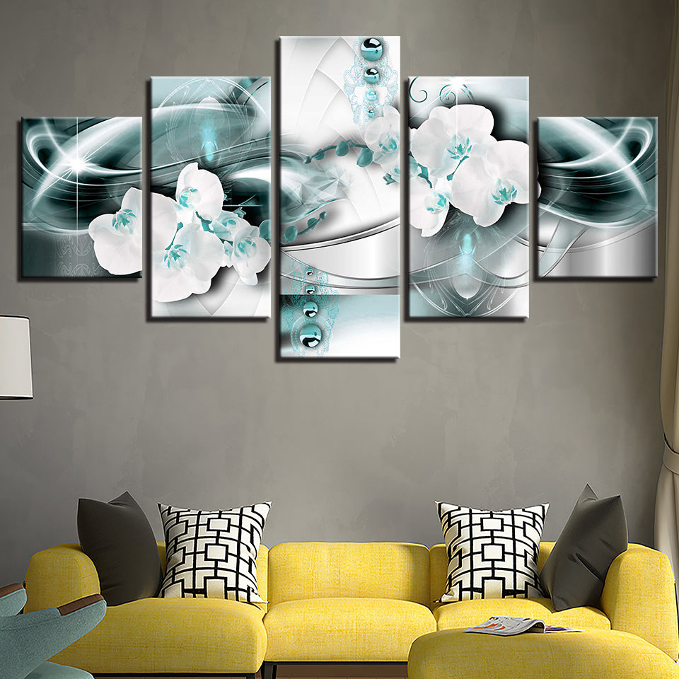 Viridian Green And White Orchids 5 Piece - Canvas Wall Art Painting | Bowlift