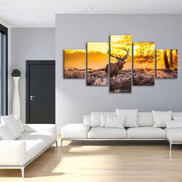 5 Piece Winter Deer at Dawn - Canvas Wall Art Painting | Bowlift