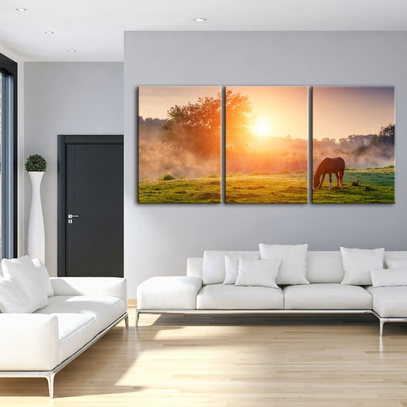 Sunrise Grazing Horse-Canvas Wall Art Painting 3 Pieces | Bowlift