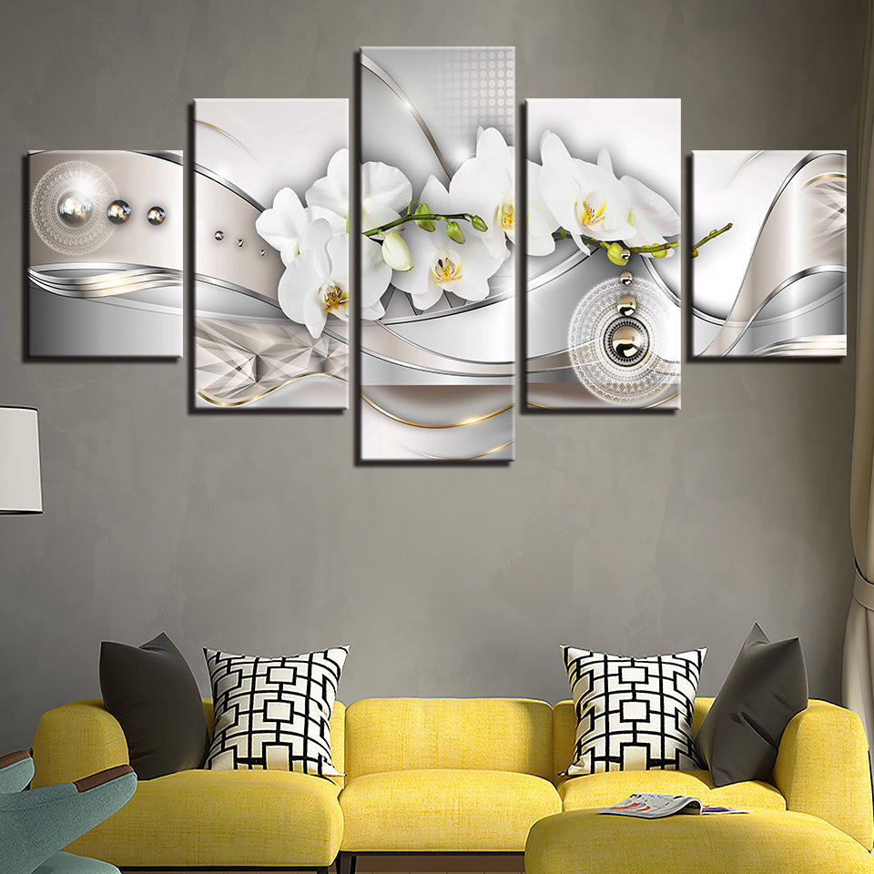 White Orchids And Metal Beads 5 Piece - Canvas Wall Art Painting | Bowlift