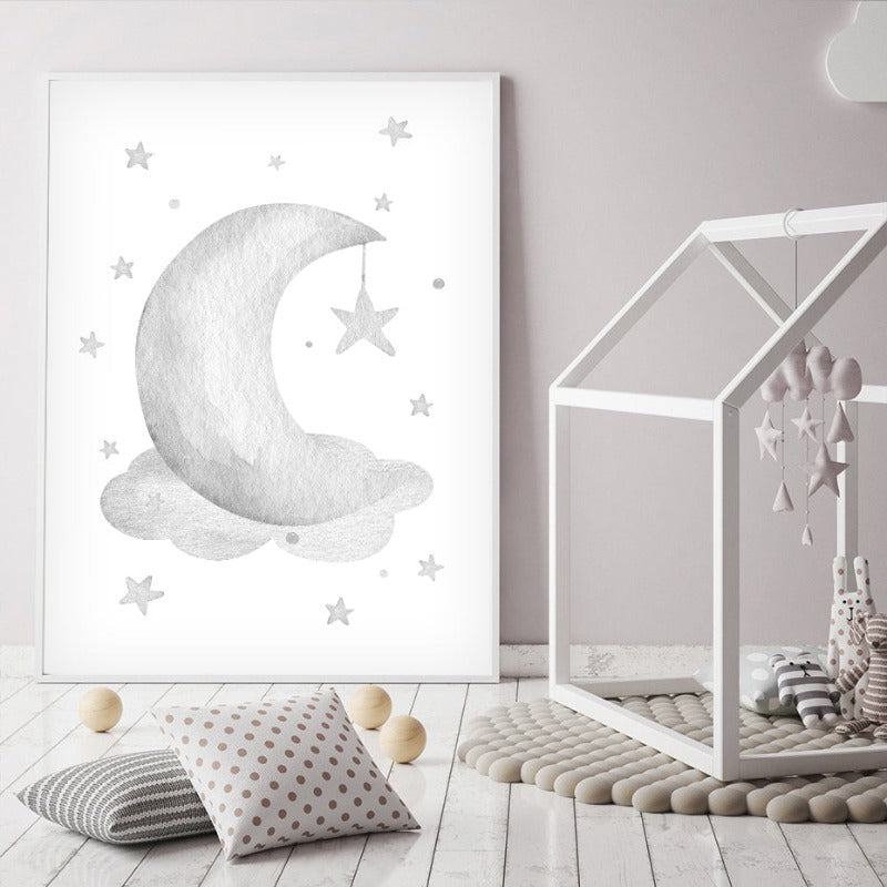 Grey Moon Stars Cloud Nursery - Canvas Wall Art Painting | Bowlift