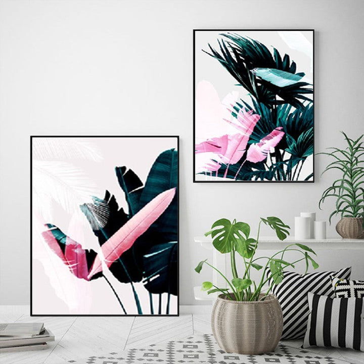 Modern Tropical Leaves Dark Green Nordic - Canvas Wall Art Painting | Bowlift