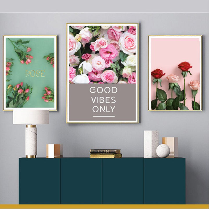 Modern Rose Floral Good Vibes Only - Canvas Wall Art Painting | Bowlift