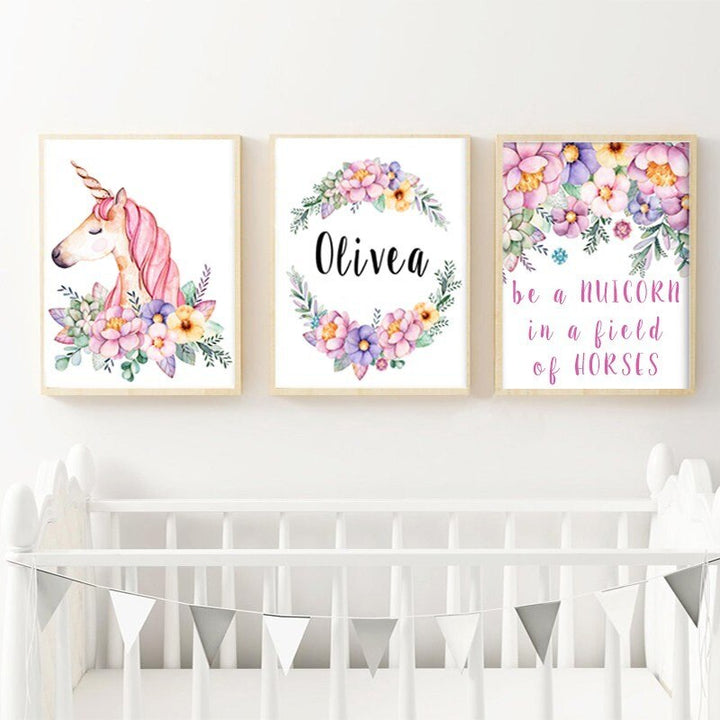 Modern Pink Cartoon Nursery Decor Customized Name - Canvas Wall Art Painting | Bowlift
