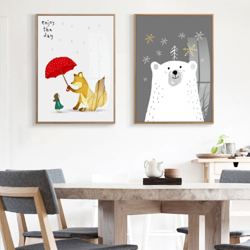 Cartoon Animals Bear Fox - Canvas Wall Art Painting | Bowlift