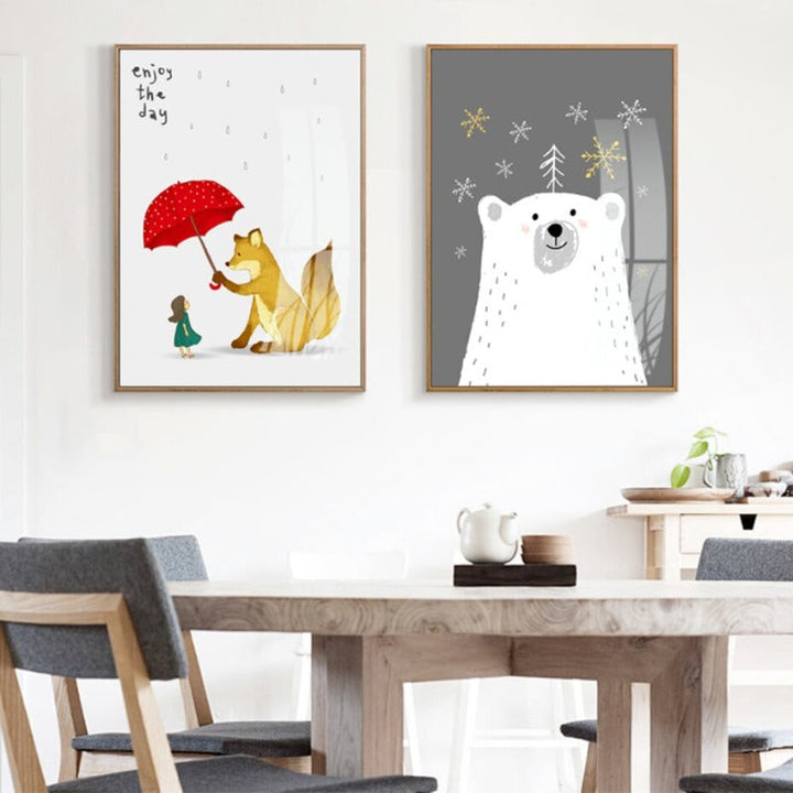 Cartoon Animals Bear Fox - Canvas Wall Art Painting | Bowlift