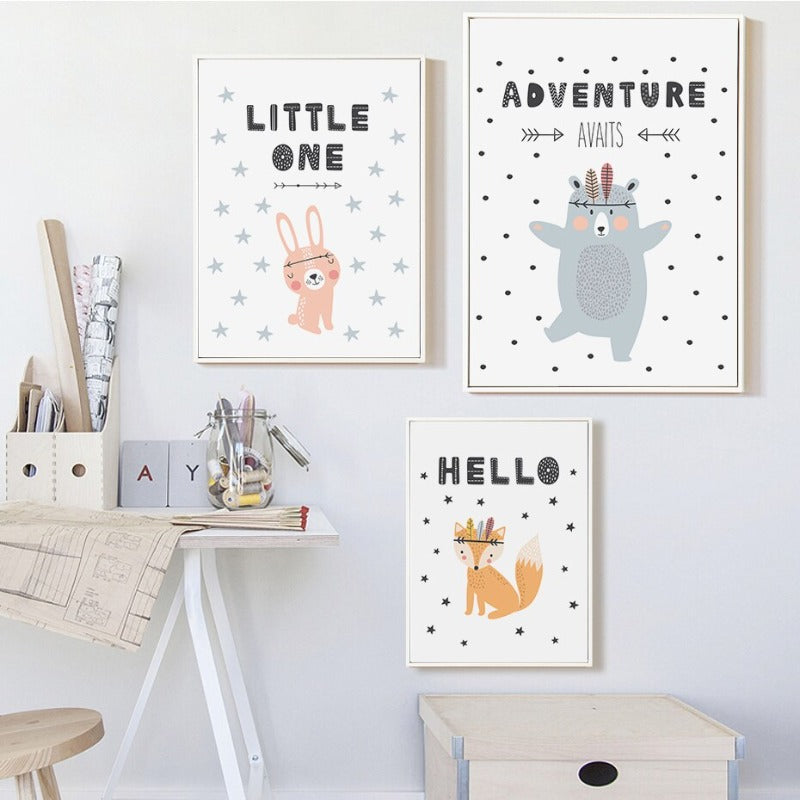 Little Woodland Animals Owl Gox Bear - Canvas Wall Art Painting | Bowlift
