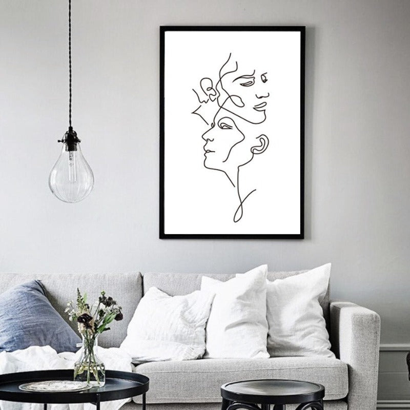 Abstract Love Kiss Black and White Line Poster - Canvas Wall Art Painting | Bowlift