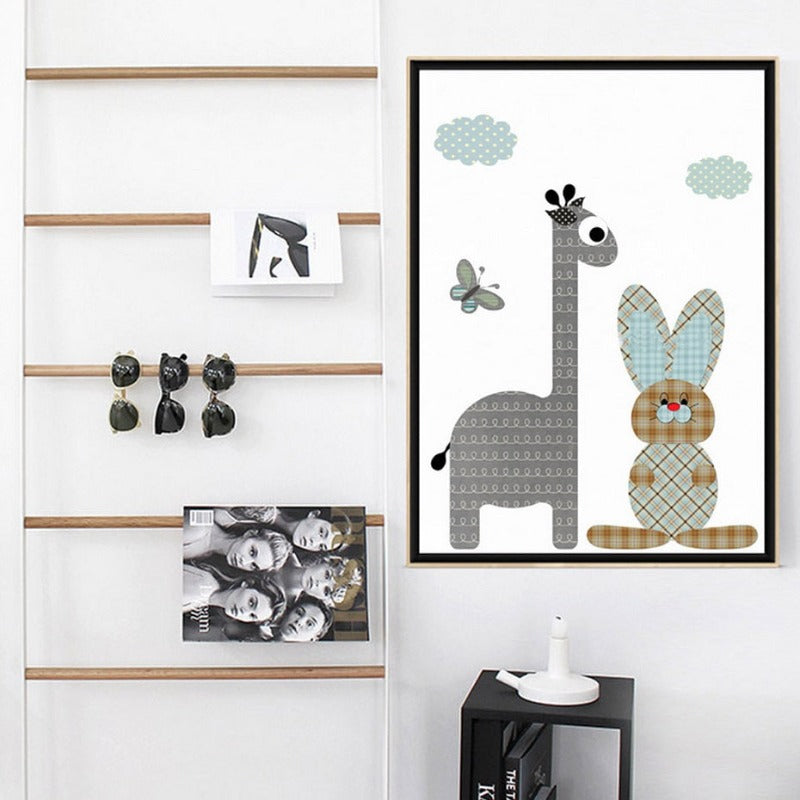 Cartoon Giraffe Rabbit Elephant Animals - Canvas Wall Art Painting | Bowlift