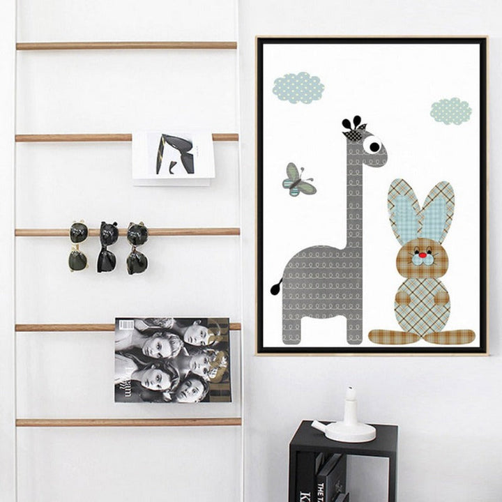 Cartoon Giraffe Rabbit Elephant Animals - Canvas Wall Art Painting | Bowlift