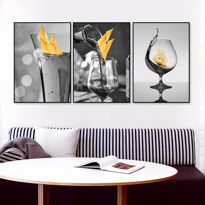 Black Wine Glass With Boat Wall Art - Canvas Wall Art Painting | Bowlift