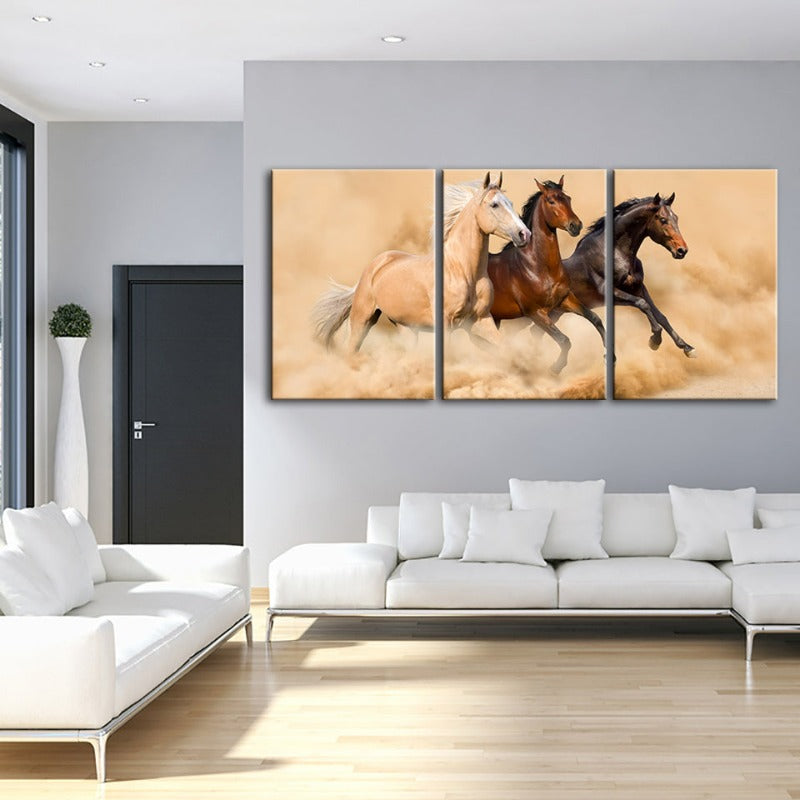 Three Running Horses In Desert-Canvas Wall Art Painting 3 Pieces | Bowlift