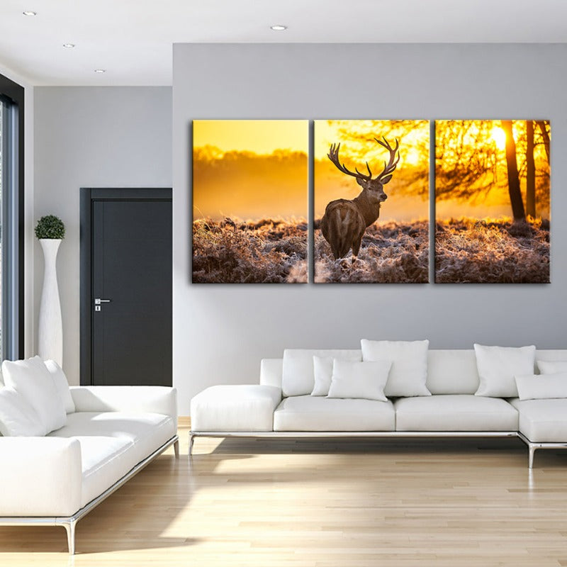 Winter Deer At Dawn-Canvas Wall Art Painting 3 Pieces | Bowlift