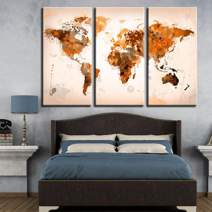 Beautiful Abstract Brown World Map-Canvas Wall Art Painting 3 Pieces | Bowlift