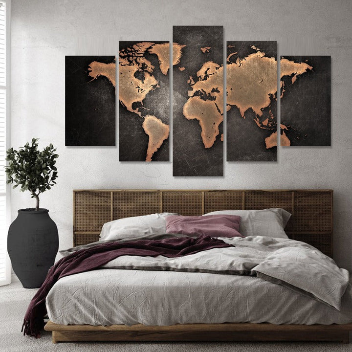 5 Piece Brown World Map - Canvas Wall Art Painting | Bowlift