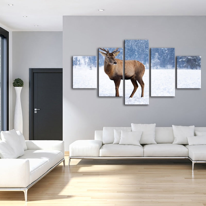 5 Piece Snowy Landscape Deer - Canvas Wall Art Painting | Bowlift
