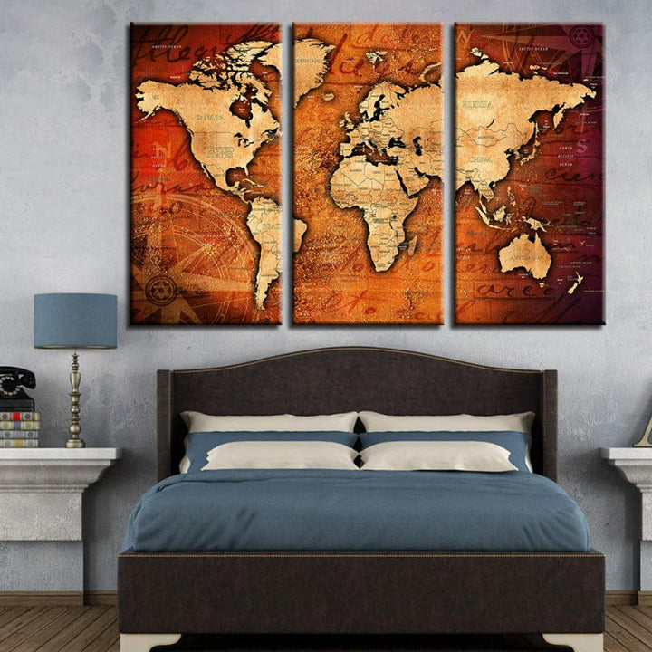 Brown & Red Rustic World Map-Canvas Wall Art Painting 3 Pieces | Bowlift