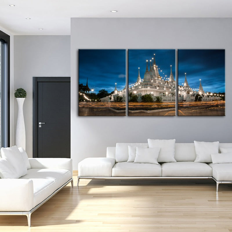 Beautiful Temple Night Time-Canvas Wall Art Painting 3 Pieces | Bowlift