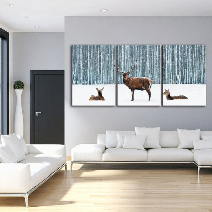 Two Does And A Deer In Winter-Canvas Wall Art Painting 3 Pieces | Bowlift