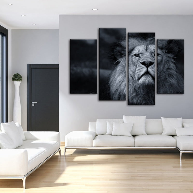 4 Piece Grayscale Concerned Lion - Canvas Wall Art Painting | Bowlift
